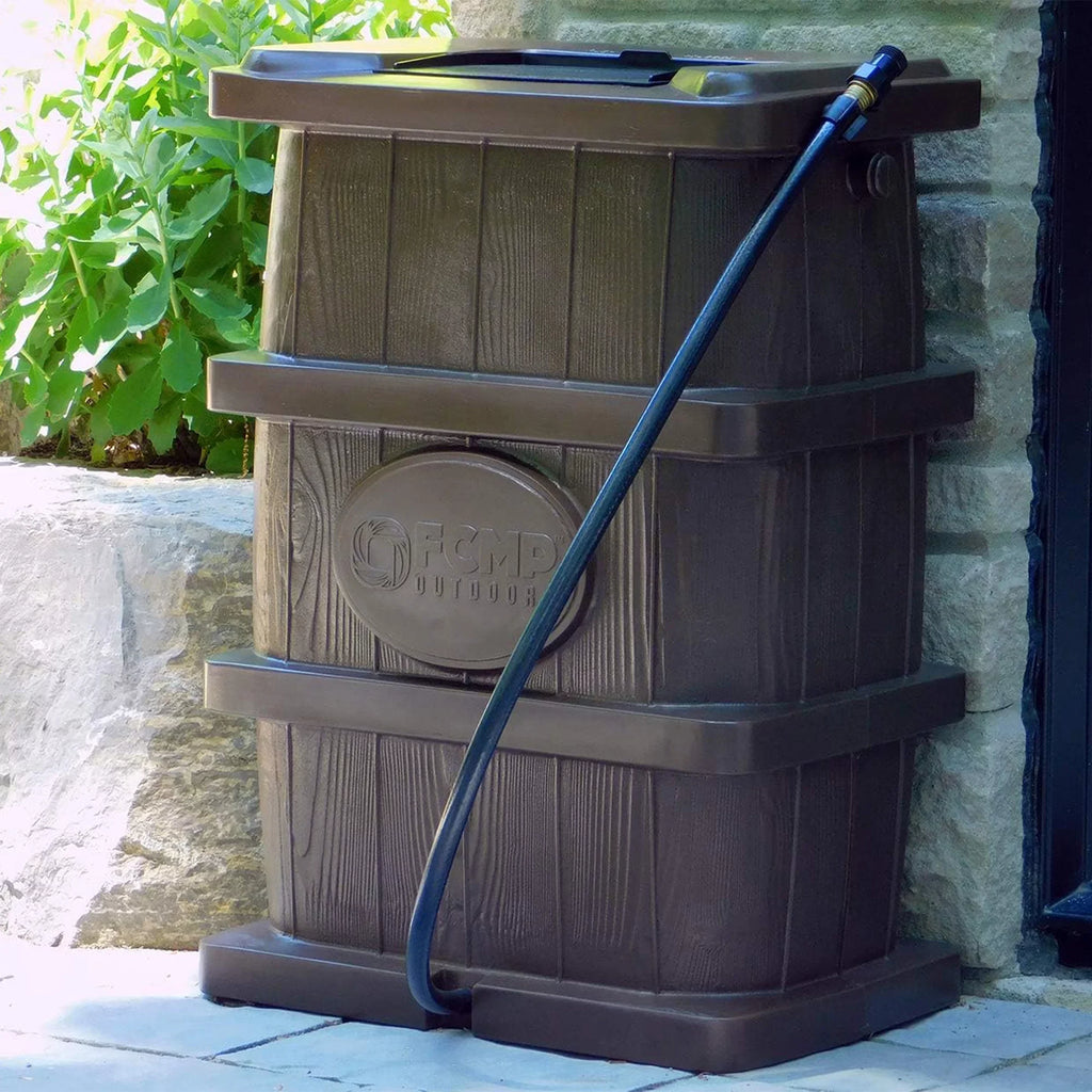 FCMP Outdoor WG4000 45 Gallon Wood Grain Rain aqua Catcher Barrel, Brown