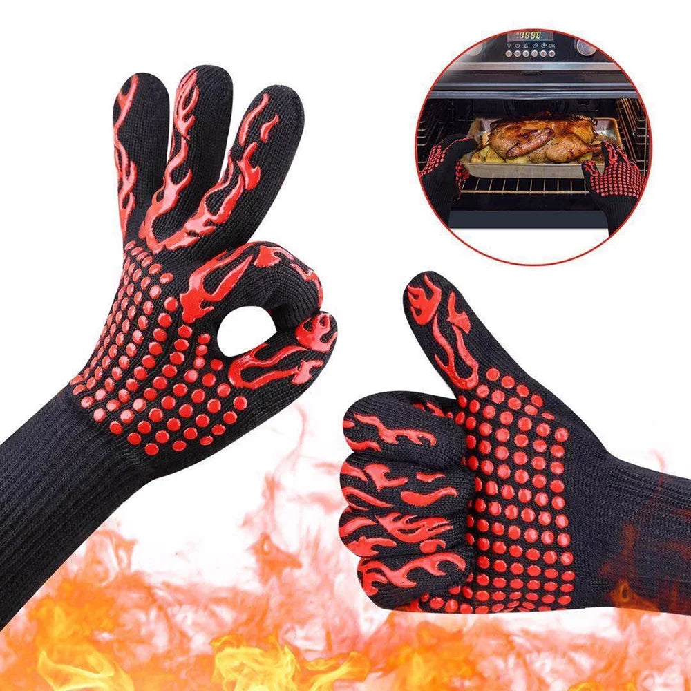 CACAGOO Barbecue Gloves with Silicone -slip Stripe Heat Proof Oven Gloves 500~800℃ Heat protected Grill Gloves for Outdoor Barbecue Garden Grilling Kitchen Cooking Welding