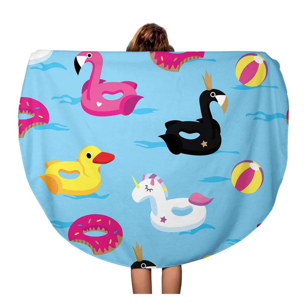 KDAGR 60 inch Round Beach Towel Blanket Blue Inflatable Pattern Floats in The liquid Colorful Duck Travel Circle Circular Towels Mat Tapestry Beach Throw