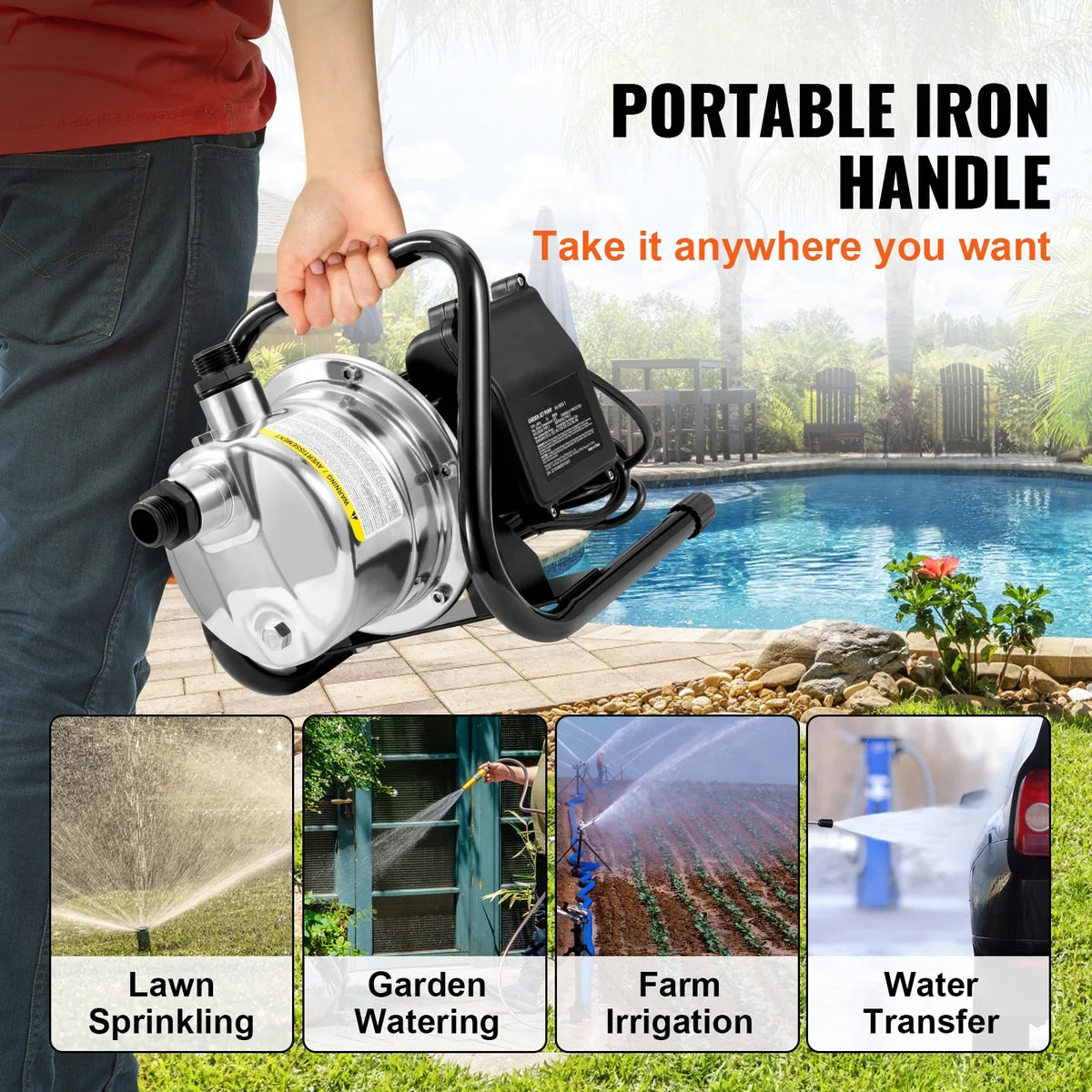 BENTISMShallowWell Pump, 1.5  115V, 1200 GPH 164 ft Height, 87 psi Max Pressure, Portable Stainless Steel Sprinkler Booster Jet Pumps for Garden Lawn Irrigation system, Lake Fountain, WaterTransfer