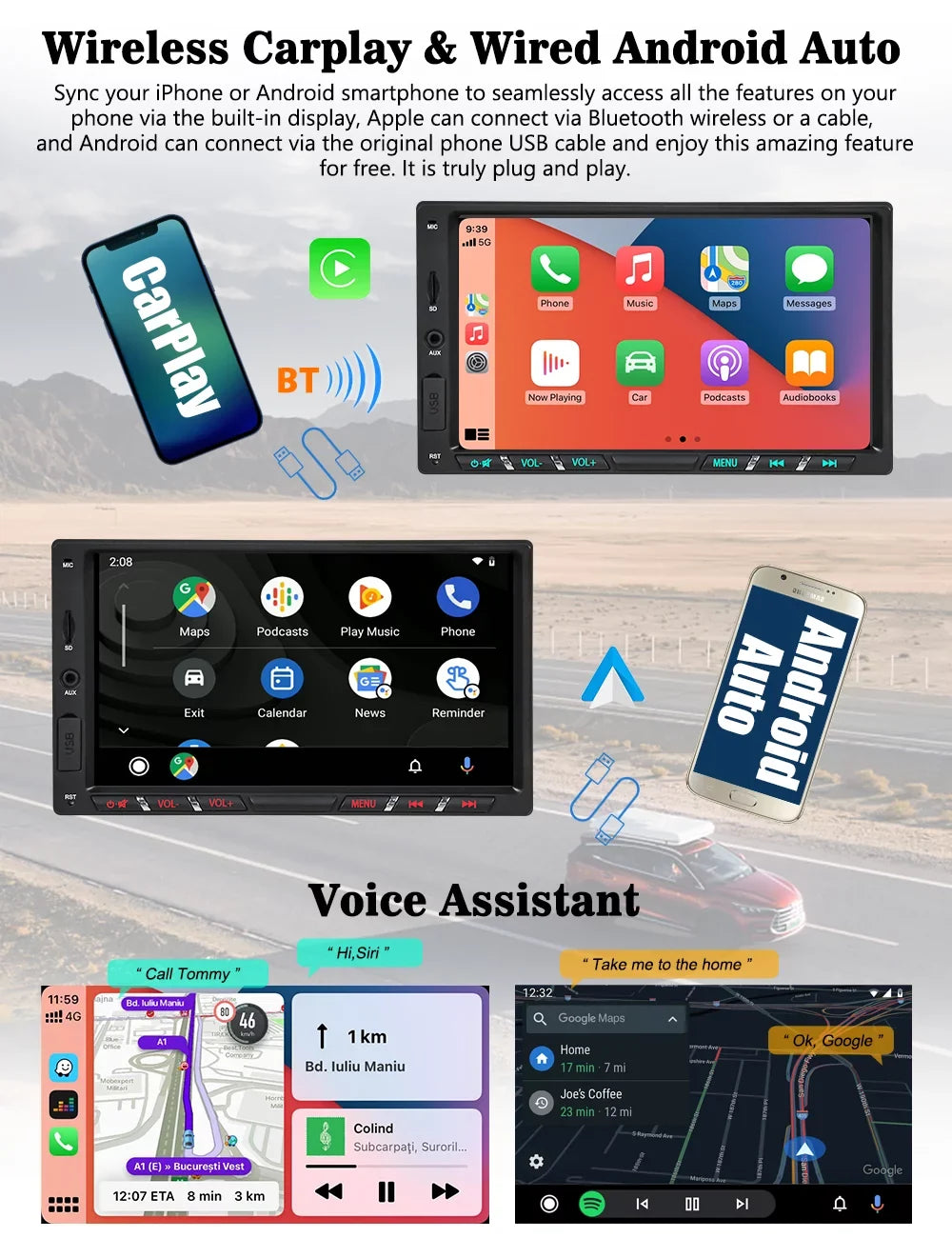 Android 11 Car Stereo with Wireless  Carplay Double Din Android Auto Car Radio 7 Inch IPS G+G Touch Screen Bluetooth WiFi GPS Navigation Mirrorlink DSP Octa Core Backup Camera