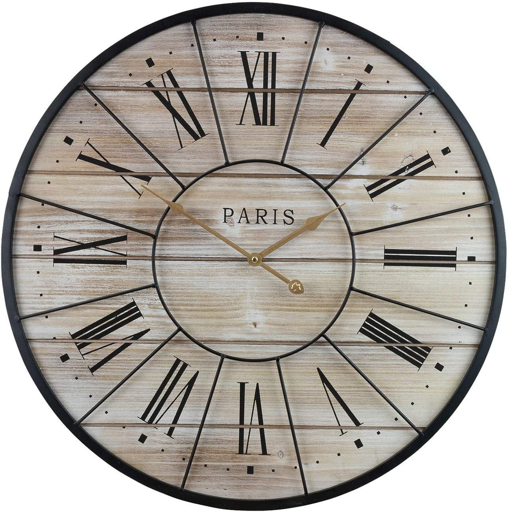 Sorbus Paris Oversized Wall Clock, Centurion Roman Numeral Hands, Parisian French Country Rustic Large Decorative Modern Farmhouse Decor Ideal for Living Room, Analog Wood Metal Clock, 24” Round
