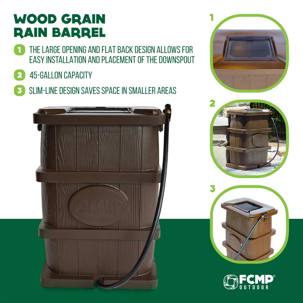 FCMP Outdoor WG4000 45 Gallon Wood Grain Rain aqua Catcher Barrel, Brown