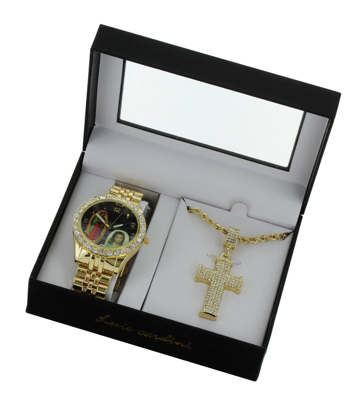 Men's Our Lady of Guadalupe and Jesus Gold-Tone Metal Bracelet Watch with Neckless and Cross Pendent Set