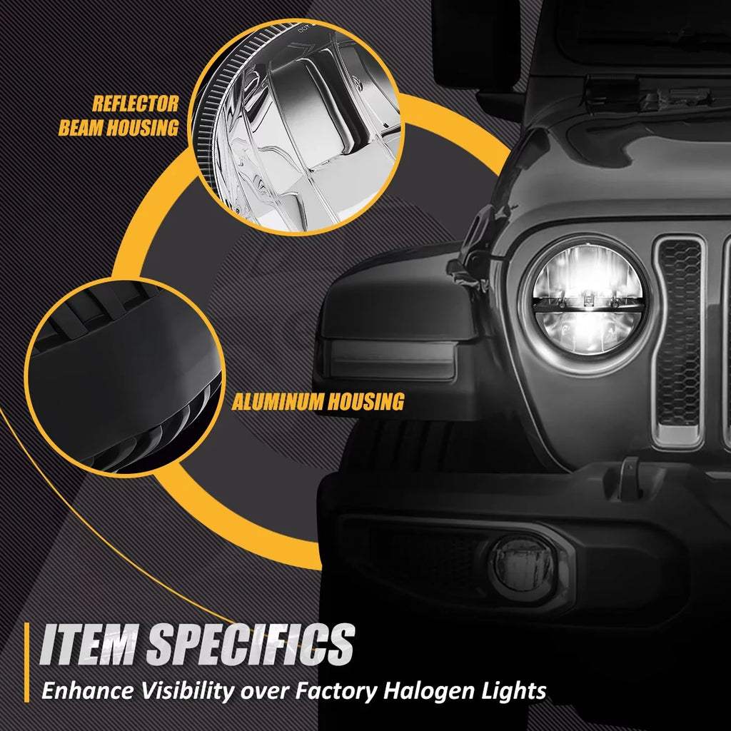 NUVISION LIGHTING NVL-HL-002 Nuvision For 1997 to 2018 Jeep Wrangler/Wrangler JK TJ LJ CJ 2Pcs 7 inches LED Halogen Chrome Housing Headlights 10 11 12 13 14