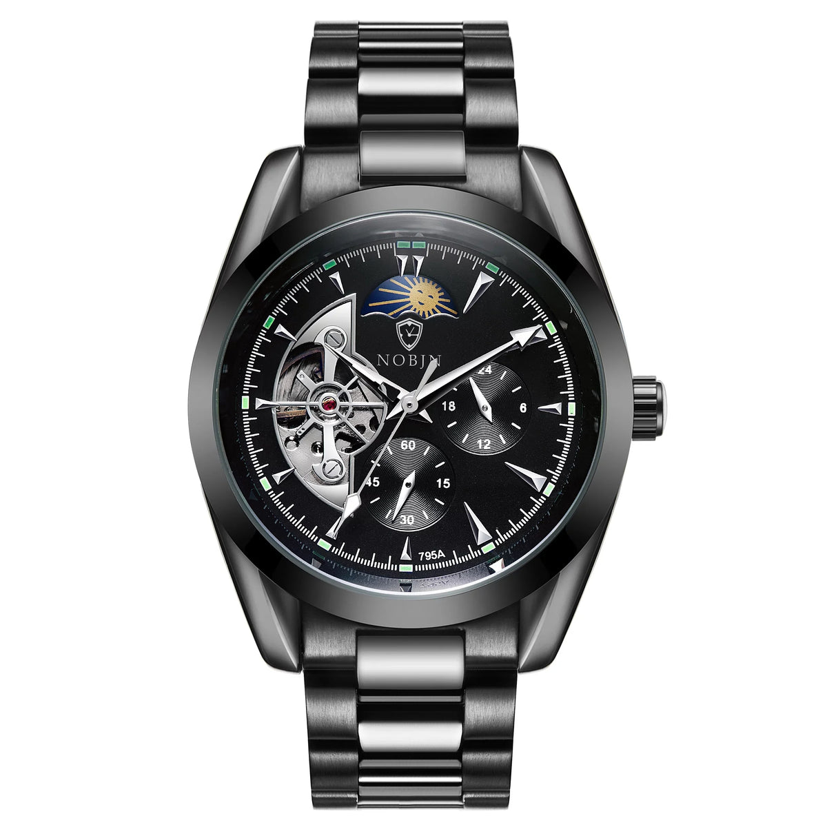 Men's Tourbillon Automatic Mechanical Luminous Moon Phase Chronograph Waterproof Watch Black Face Stainless Steel Band Graduation Gift Best Gift for Him