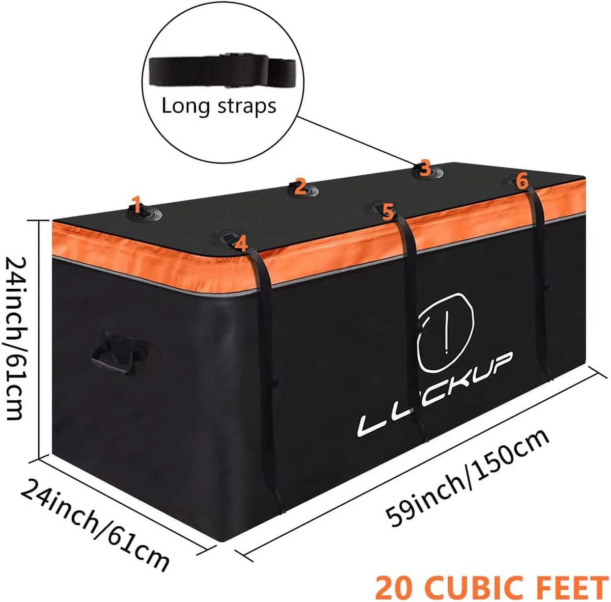 LUCKUP Trailer Hitch Cargo Bag Hitch Cargo Carrier Bag 20 Cubic Feet 100% Waterproof Include 6 Reinforced Straps Reflective Strip Design, Fits All Vehicles with Steel Cargo Basket, 59Lx24Wx24H,560L