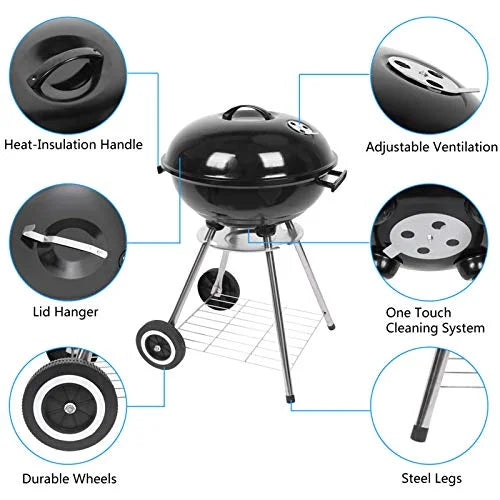 Charcoal Grill 18 Inch for Outdoor Cooking BBQ Barbecue Coal Kettle Bowl Grill Portable Heavy Duty Round with Wheels for Patio Backyard Camping