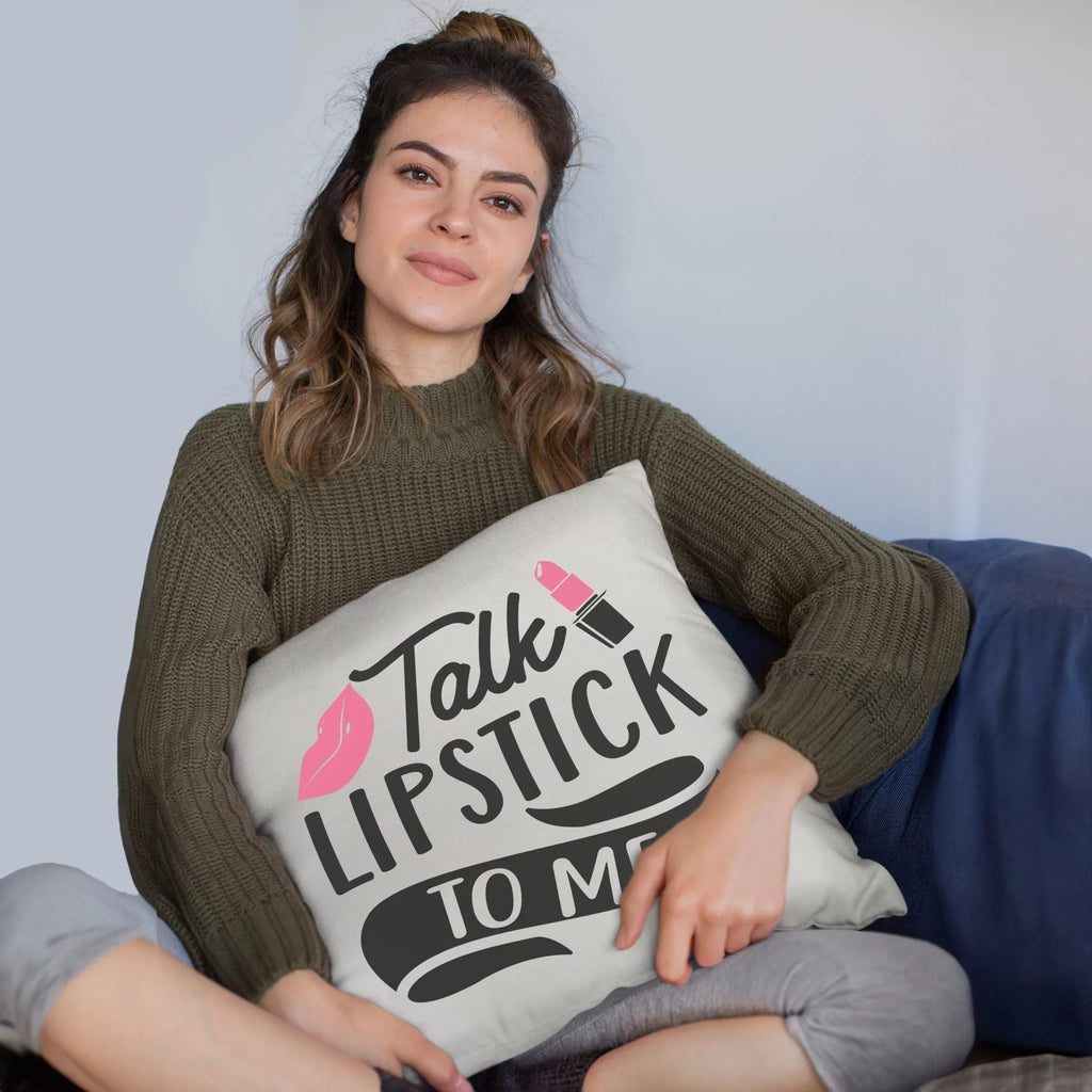 Talk Lipstick to Me w/ Pink Lips Design - Beauty Themed Merch for Makeup Artist or Cosmetologist, Gift for Makeup Lovers, Pillow wrap, White 18X18 IN