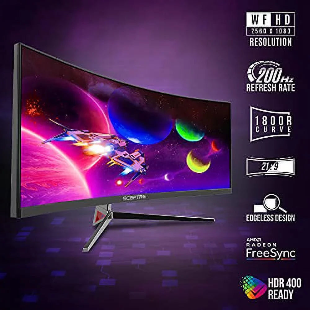 Sceptre 30-inch Curved Gaming Monitor 21:9 2560x1080 Ultra Wide Ultra Slim HDMI DisplayPort up to 200Hz Build-in Speakers, Metal Black (C305B-200UN1)