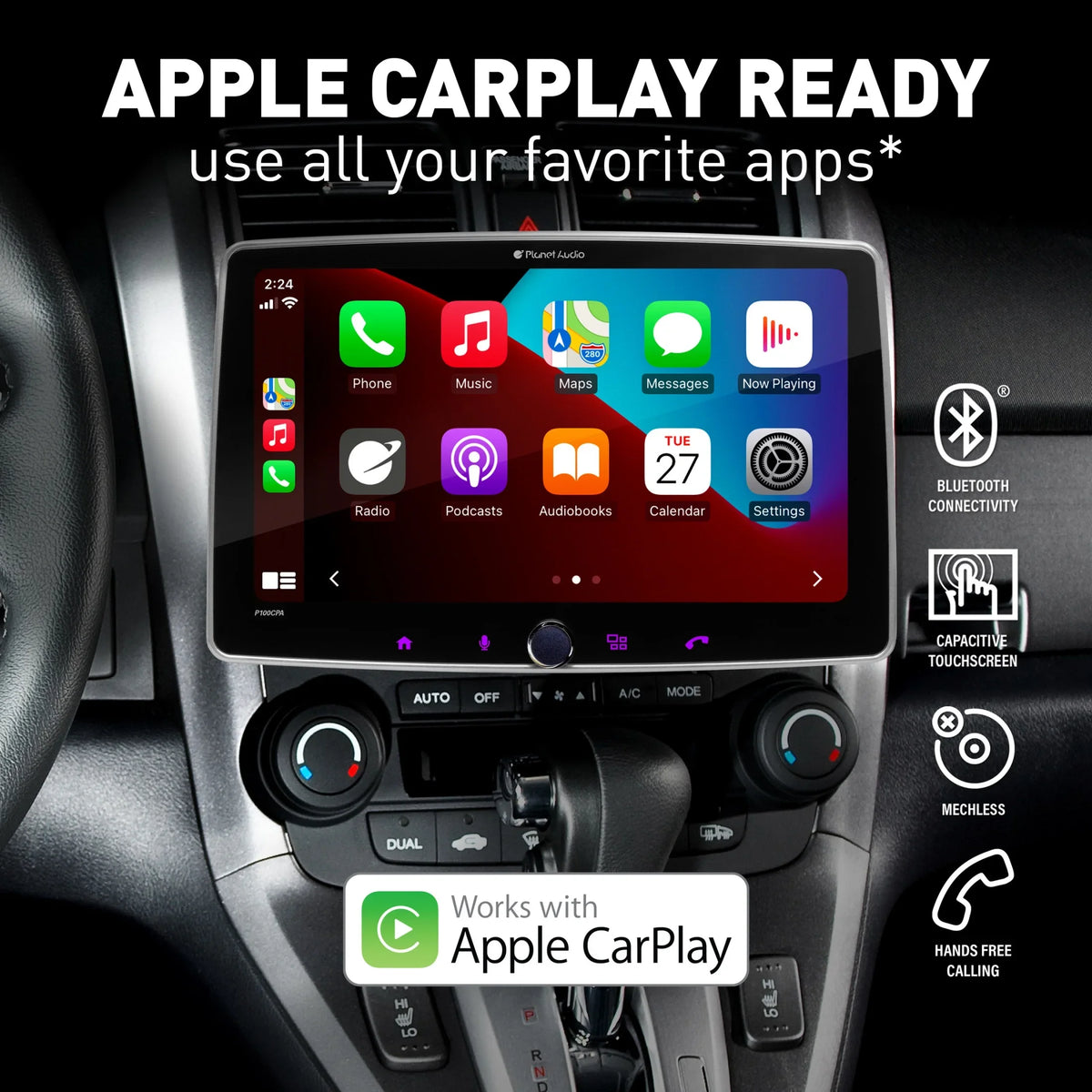 Planet Audio P100CPAC Car Stereo -  CarPlay, Android Auto, Single Din, 10.1 Inch Touchscreen, Bluetooth, No CD DVD Player, AM/FM Radio Receiver, Backup Camera