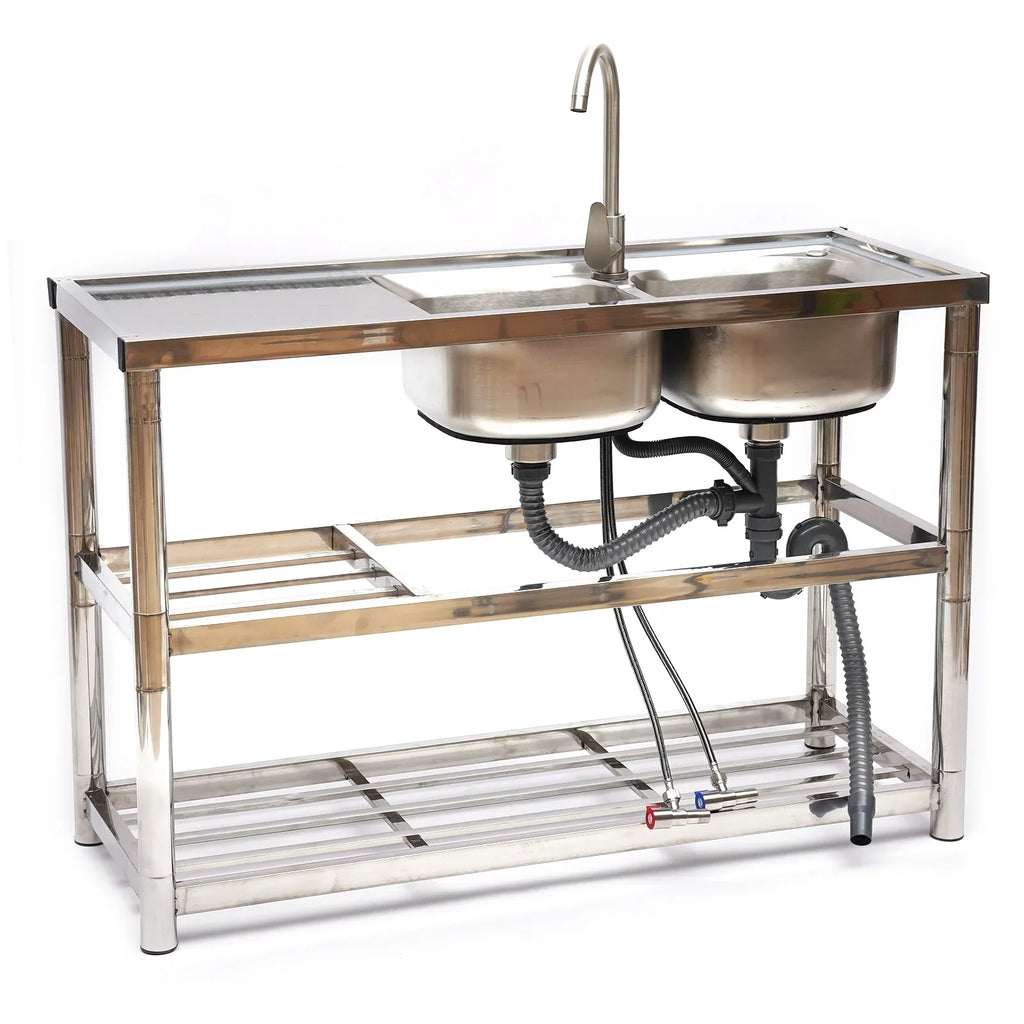 Loyalheartdy 2 Compartment Commercial Kitchen Sink Stainless Steel Utility Sink Basin Catering Prep Table+360° Faucet+2 Drainboard