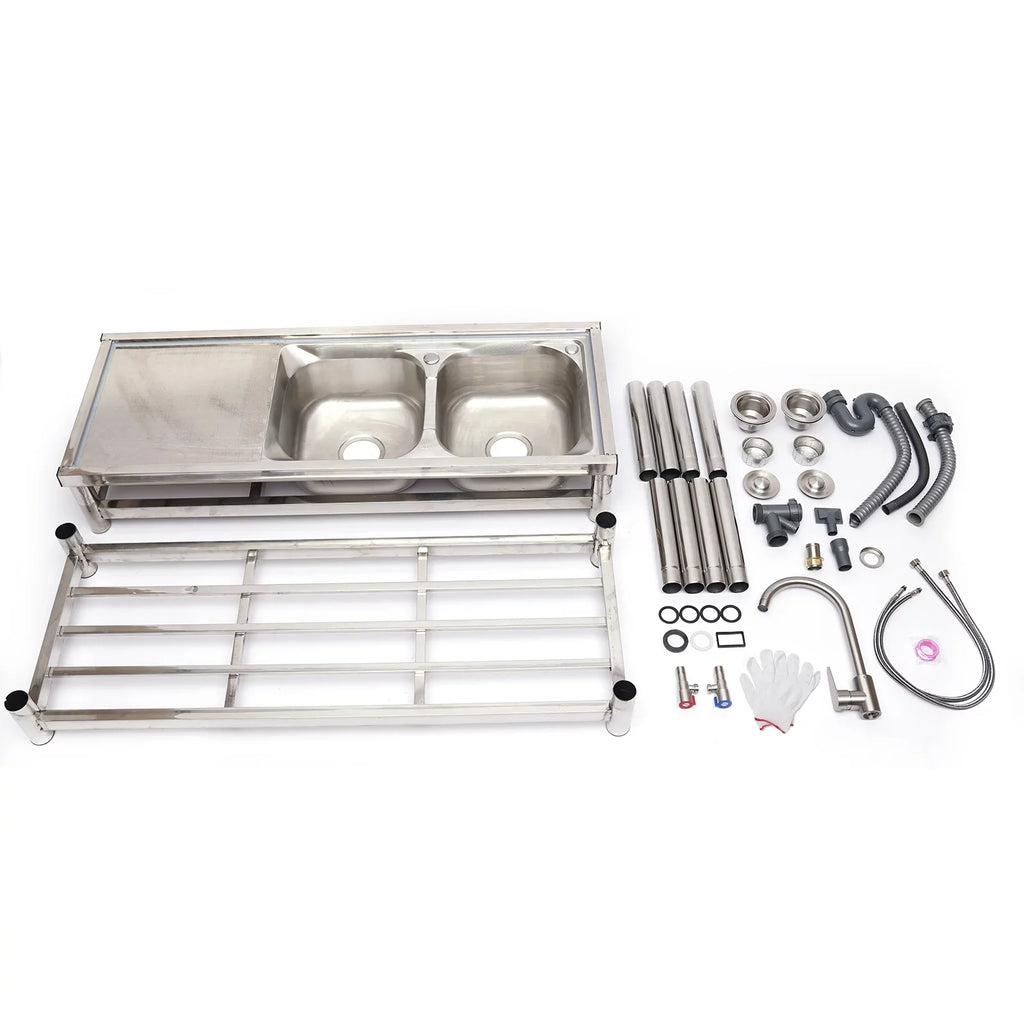 Loyalheartdy 2 Compartment Commercial Kitchen Sink Stainless Steel Utility Sink Basin Catering Prep Table+360° Faucet+2 Drainboard
