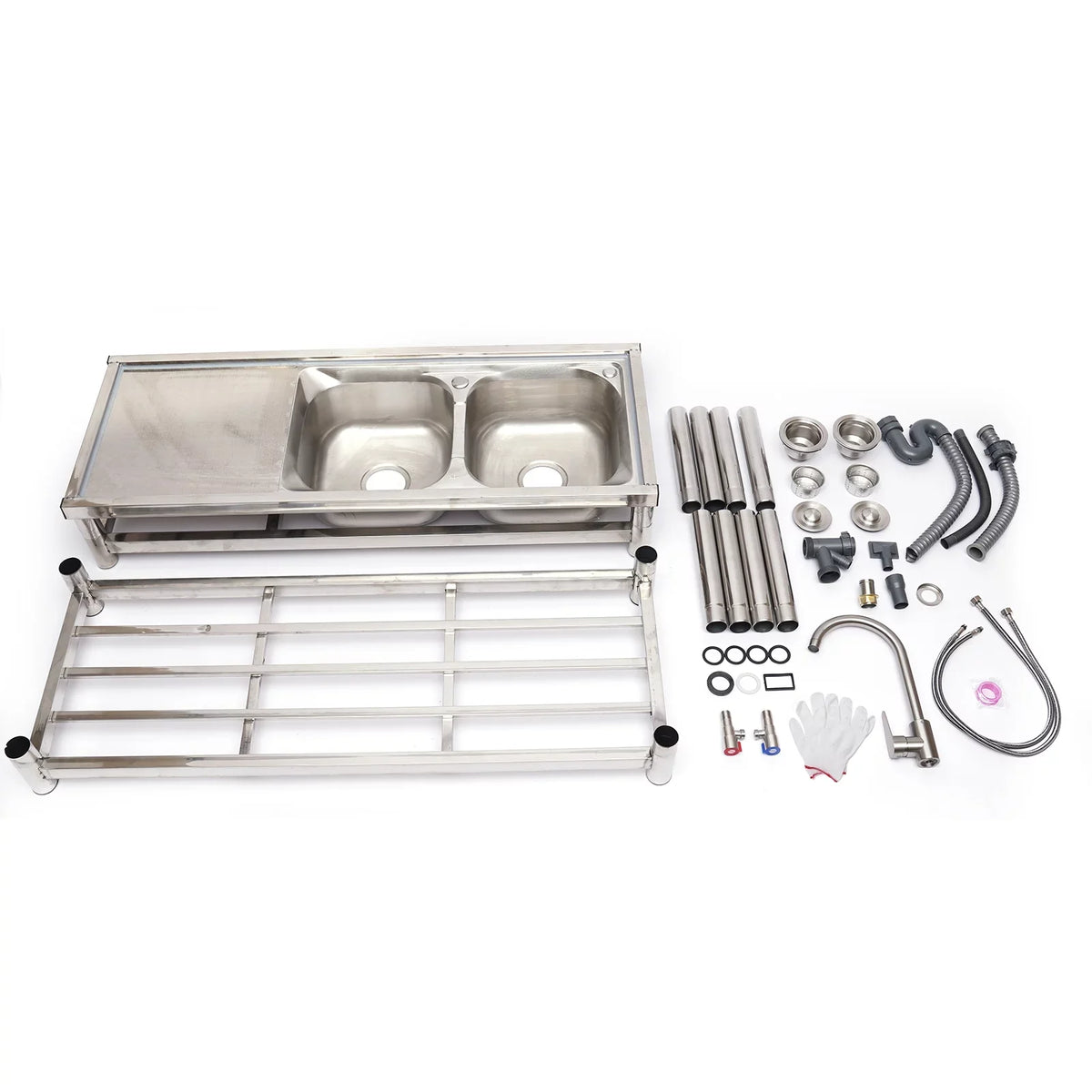 Loyalheartdy 2 Compartment Commercial Kitchen Sink Stainless Steel Utility Sink Basin Catering Prep Table+360° Faucet+2 Drainboard