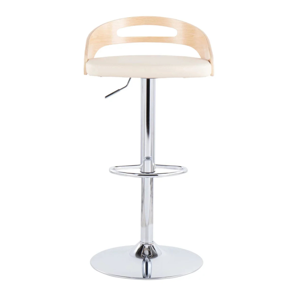 Cassis Mid-Century Modern Adjustable Barstool With Swivel In Natural Wood And Cream Faux Leather