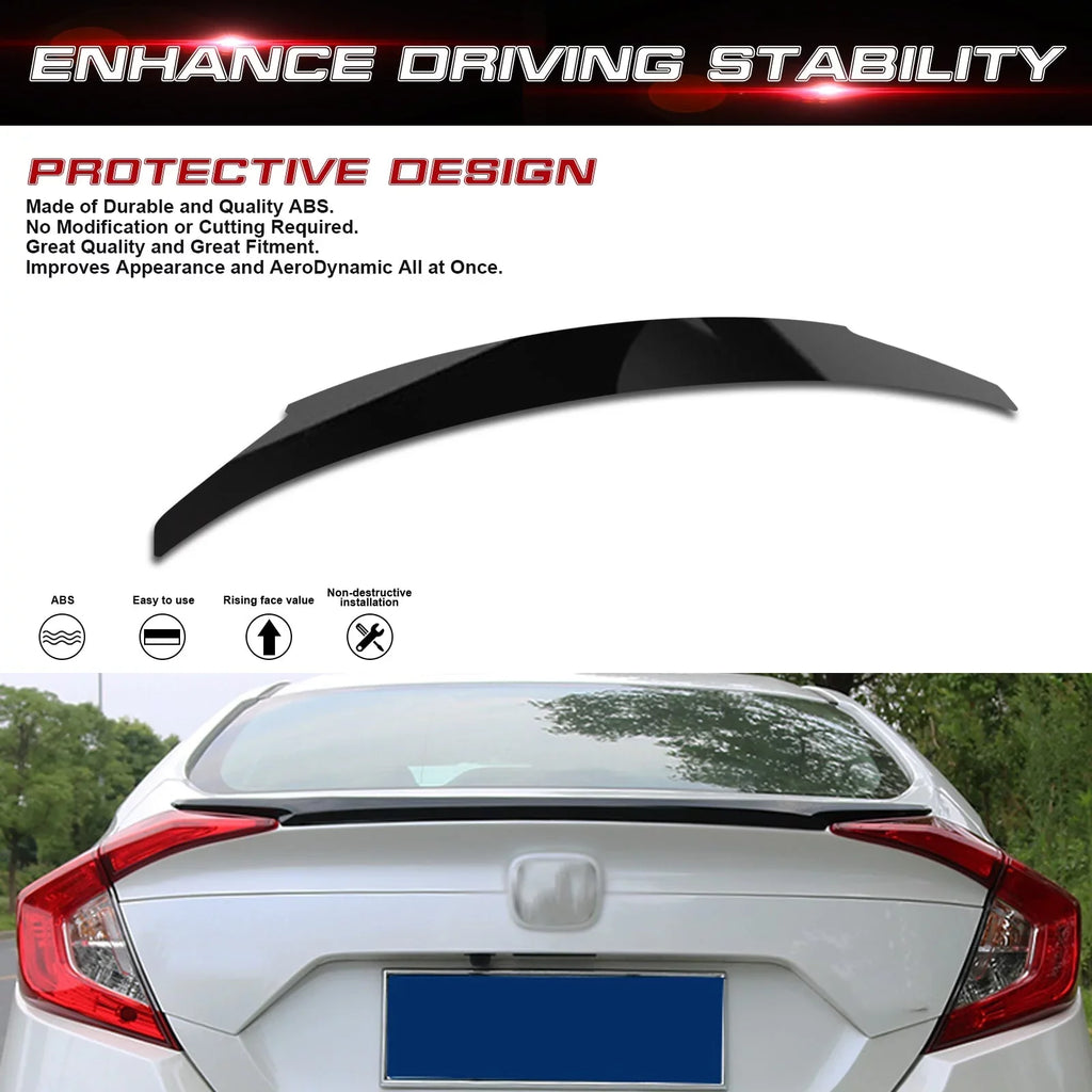 Xotic Tech 4DR JDM Style Glossy Black Rear Trunk Lip Wing Spoiler appropriate with Honda Civic 2016-2021 10th Gen