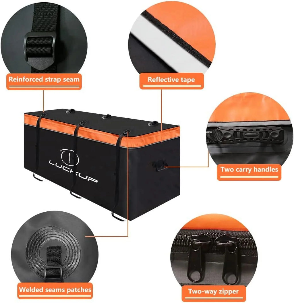 LUCKUP Trailer Hitch Cargo Bag Hitch Cargo Carrier Bag 20 Cubic Feet 100% Waterproof Include 6 Reinforced Straps Reflective Strip Design, Fits All Vehicles with Steel Cargo Basket, 59Lx24Wx24H,560L