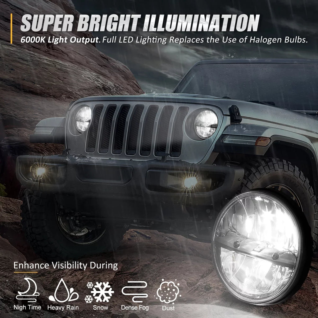 NUVISION LIGHTING NVL-HL-002 Nuvision For 1997 to 2018 Jeep Wrangler/Wrangler JK TJ LJ CJ 2Pcs 7 inches LED Halogen Chrome Housing Headlights 10 11 12 13 14