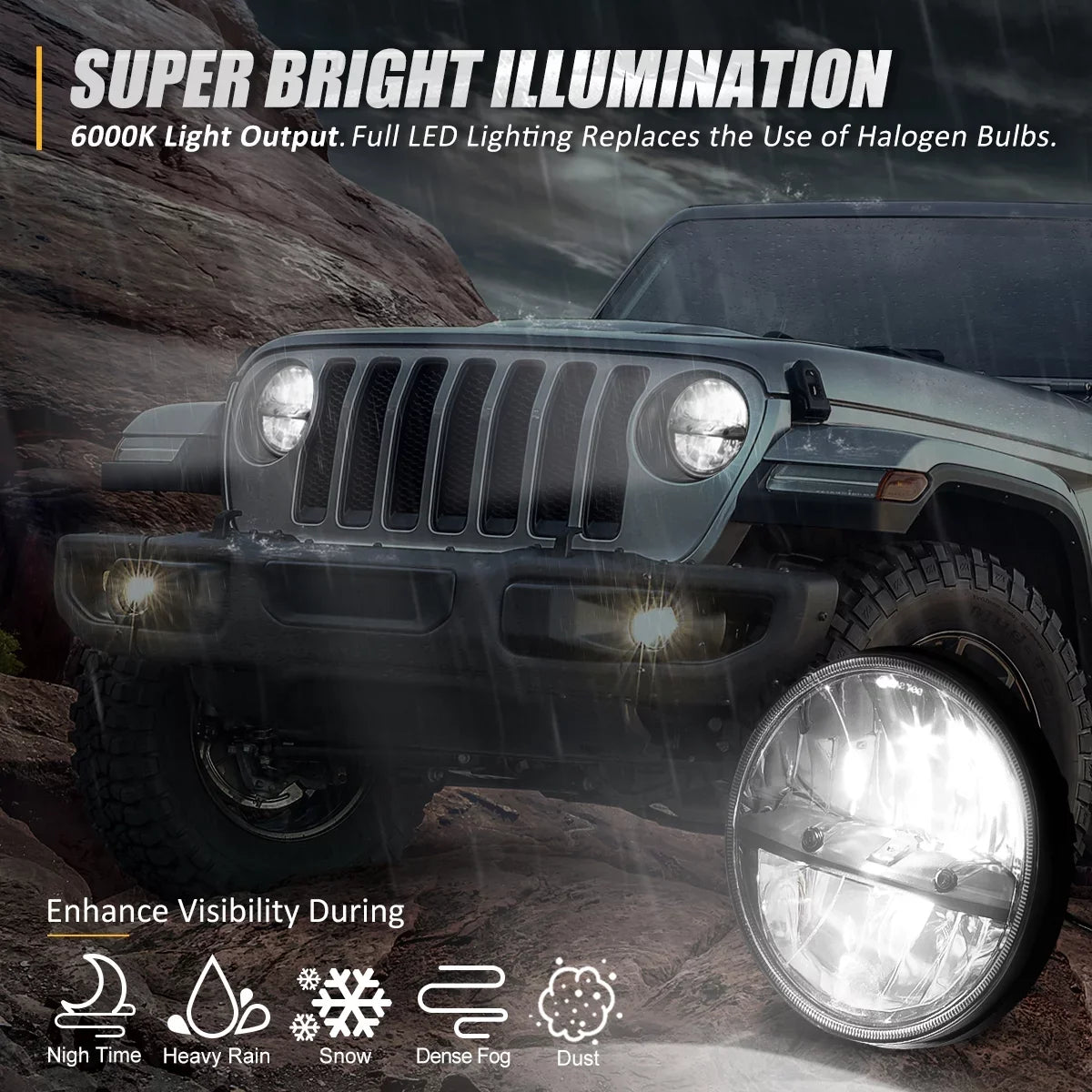 NUVISION LIGHTING NVL-HL-002 Nuvision For 1997 to 2018 Jeep Wrangler/Wrangler JK TJ LJ CJ 2Pcs 7 inches LED Halogen Chrome Housing Headlights 10 11 12 13 14