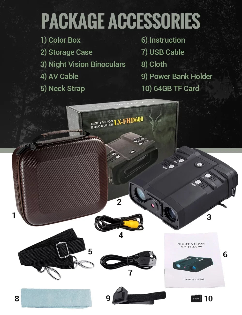 LAKWAR 10.8 x 31mm Night Vision Binoculars for Total Darkness with 64G TF Card Infrared Digital Night Vision Binocular with Large Viewing Screen Hunting Binoculars for Day and Night