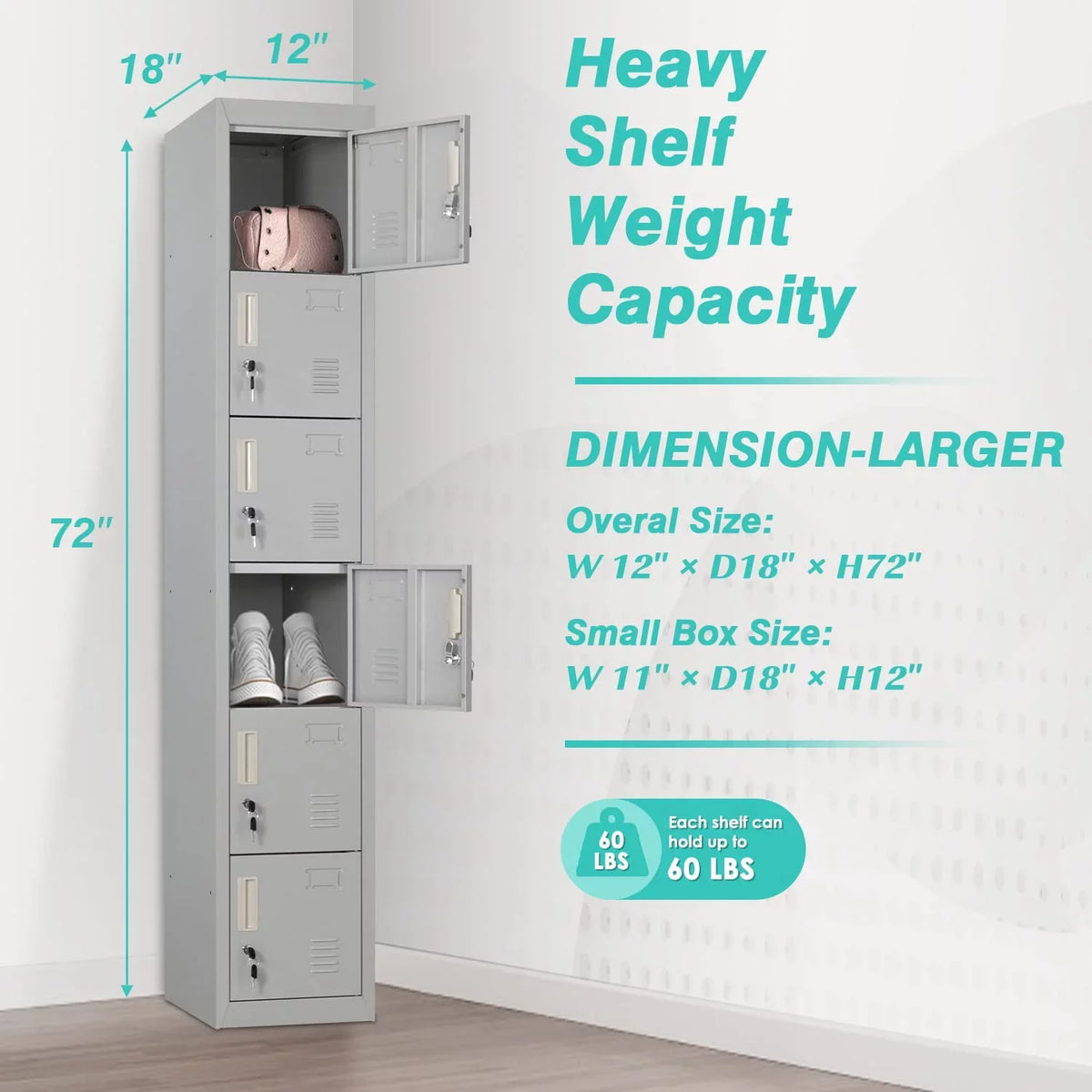 SUNCROWN Metal Locker Storage Cabinet with 6 Lockable Door for School, Gym, Home, Office, Gray