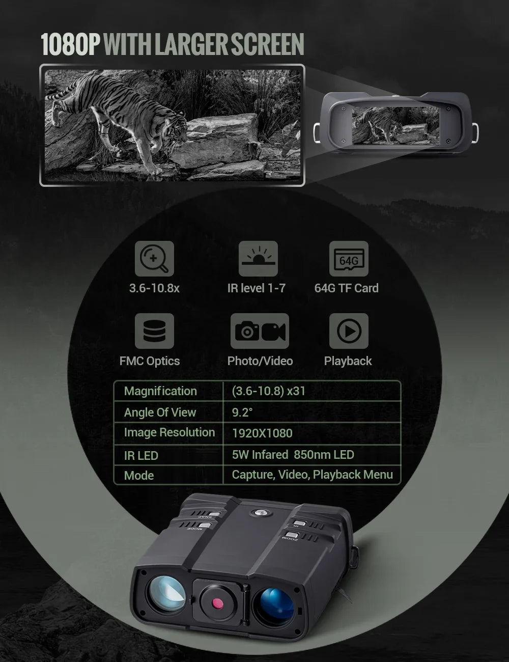 LAKWAR 10.8 x 31mm Night Vision Binoculars for Total Darkness with 64G TF Card Infrared Digital Night Vision Binocular with Large Viewing Screen Hunting Binoculars for Day and Night