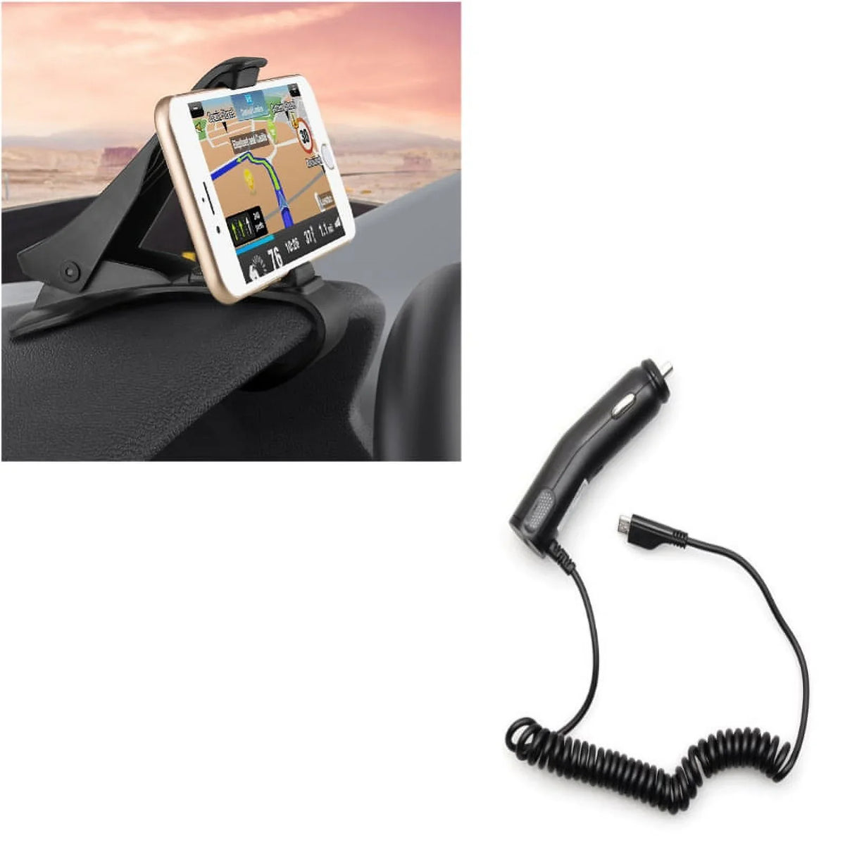 Non-Slip Dash Car Mount w Coiled Micro-USB Charger for  Galaxy Grand Prime Express Prime, J7 Perx, S7 Edge S6 Edge+ Edge Active S5 Active, Note 5 4 3 Mega 2, J5 J3 Emerge, Halo Amp 2