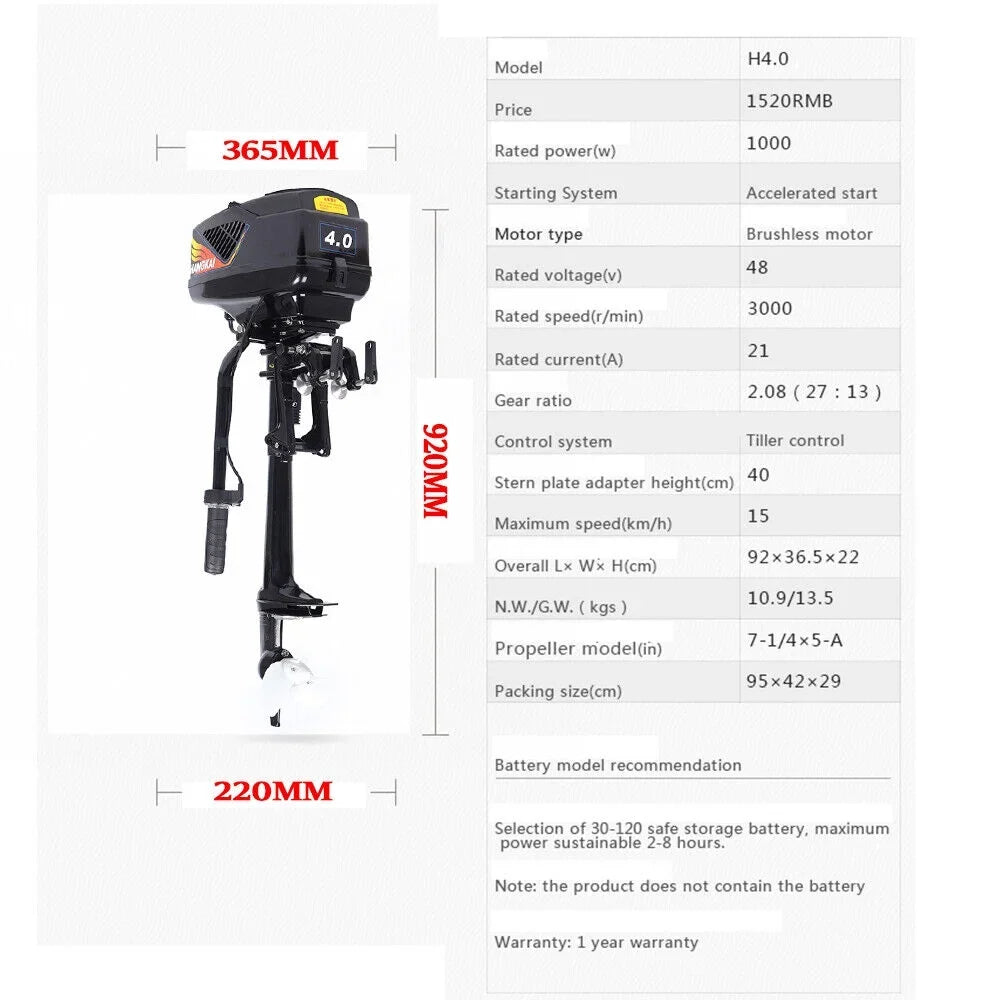 Miumaeov Outboard Motor Electric vessel Engine 4HP 48V 1000W Heavy Duty Outboard Fishing vessel Motor Engine Outboard CDI Mount Electric Outboard Motor for Inflatable Boats Fishing Boats