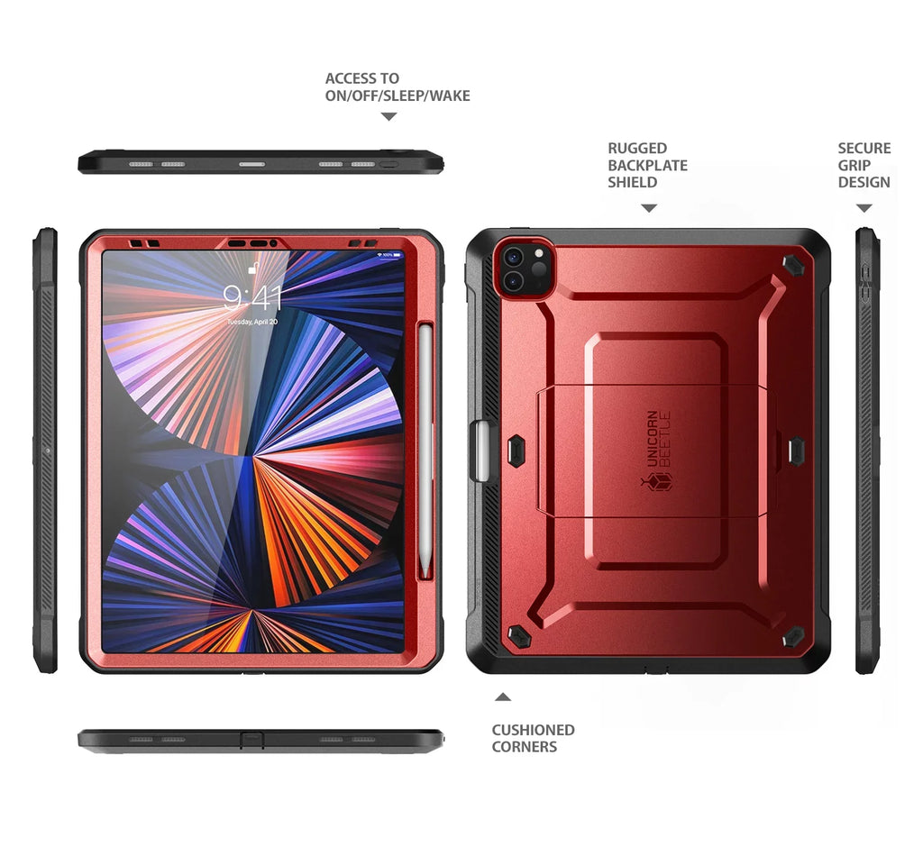 SUPCASE Unicorn Beetle Pro Series Case for iPad Pro 12.9 Inch (2021 / 2020), Support  Pencil Charging with Built-in Screen Protector Full-Body Rugged Kickstand Protective Case (Ruddy)