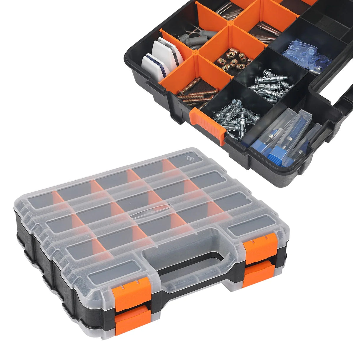 Uxcell 2pcs Double Side Tool Organizer 12.6"x10.6"x3.1" 30-Compartment Hardware Storage Box with Removable Dividers