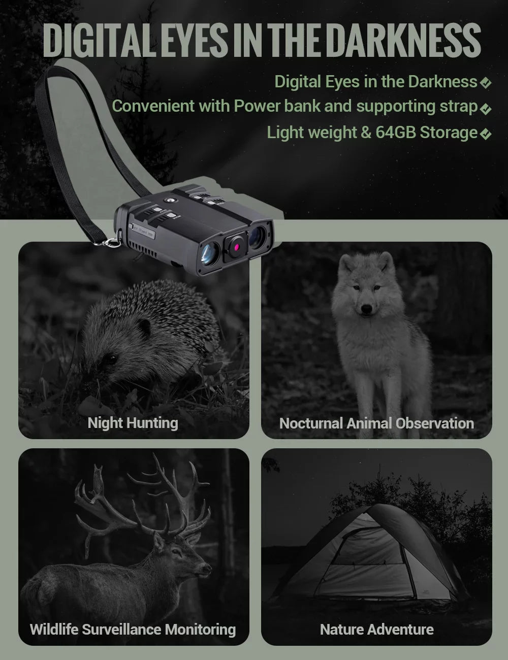 LAKWAR 10.8 x 31mm Night Vision Binoculars for Total Darkness with 64G TF Card Infrared Digital Night Vision Binocular with Large Viewing Screen Hunting Binoculars for Day and Night