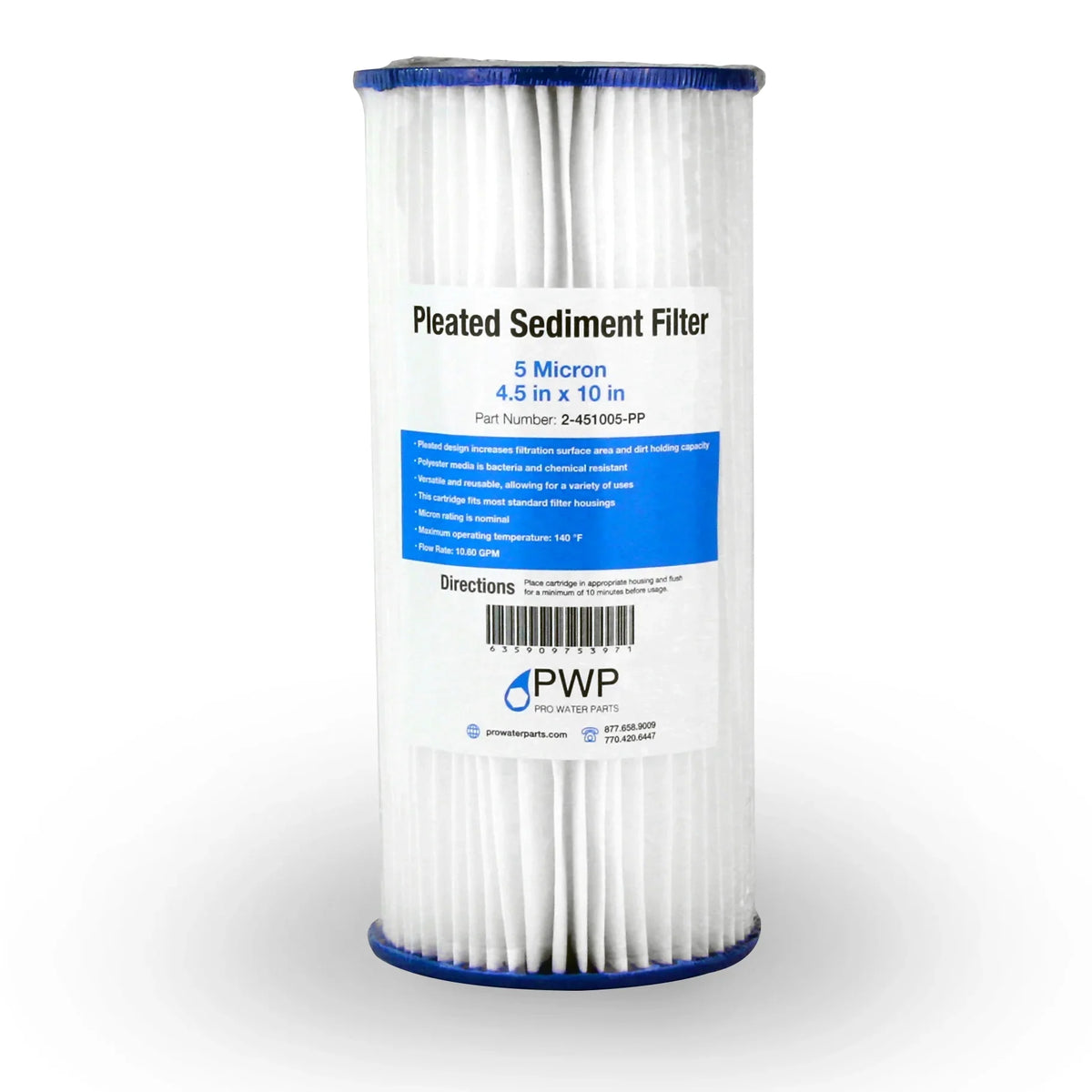 Pleated Poly Sediment aqua Filter Cartridge 4.5x10" 5 Micron 20 Pack