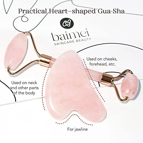 Jade Roller & Gua Sha, Face Roller, Facial Beauty Roller Skin Care Tools, BAIMEI Rose Quartz Massager for Face, Eyes, Neck, Body Muscle Relaxing and Relieve Fine Lines and Wrinkles
