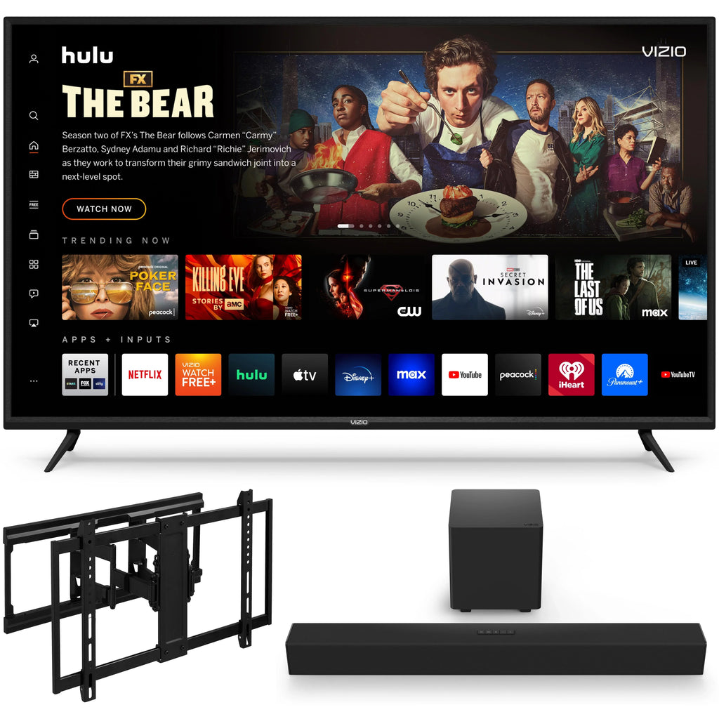 Ultra-Slim Full Motion TV Wall Mount, 50"-86"and VIZIO 2.1 Home Theater Sound Bar, DTS:X, Wireless Subwoofer SB3221n-J6152. VIZIO 65" V655-J 4K TV with onn