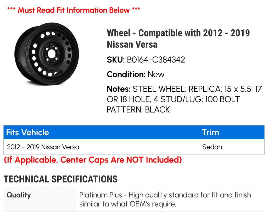 Wheel - suitable with 2012 - 2019 Nissan Versa 2013 2014 2015 2016 2017 2018