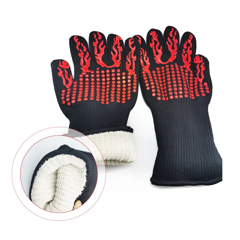CACAGOO Barbecue Gloves with Silicone -slip Stripe Heat Proof Oven Gloves 500~800℃ Heat protected Grill Gloves for Outdoor Barbecue Garden Grilling Kitchen Cooking Welding