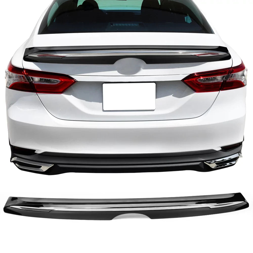Ikon Motorsports suitable with 18-23  Camry LE MD Style Rear Trunk Spoiler Wing Gloss Black With Chrome Trim 2018 2019 2020 2021 2022