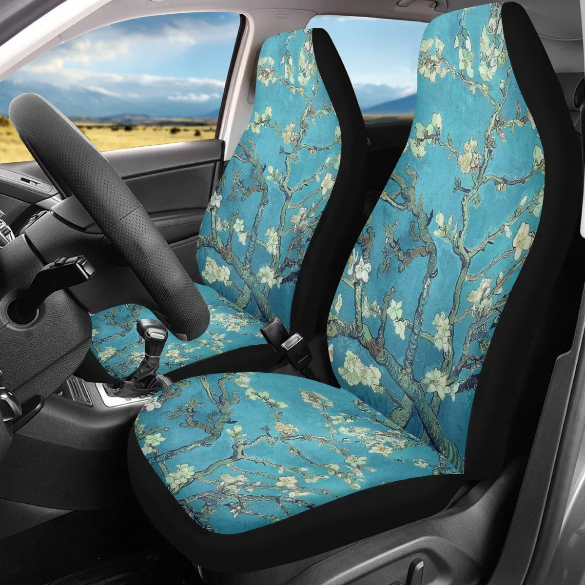 Xoenoiee Car Seat protector Plum Blossoms Print Polyester Vehicle Bucket Seat wrap 2 Pack Set Front Seat Covers for Most Cars SUV Sedan Pickup Truck, Easy to Install