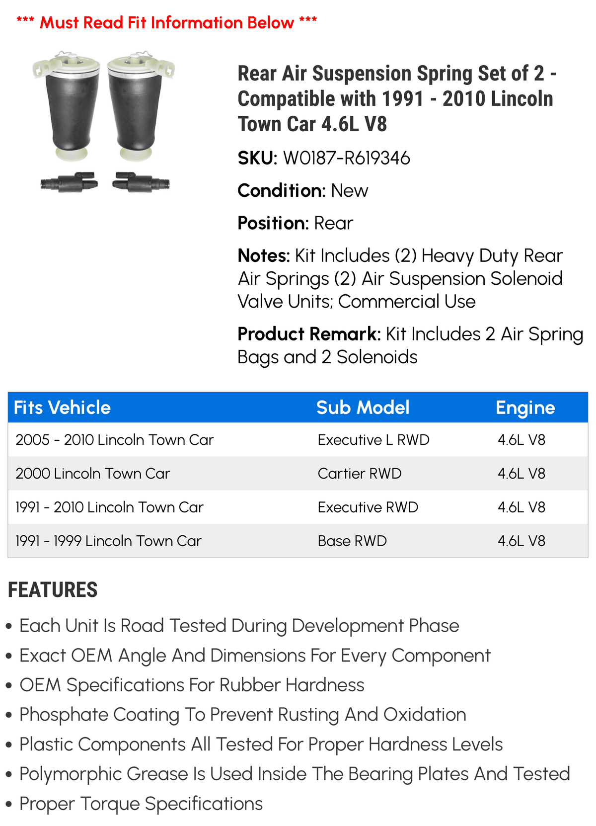 Rear Air Suspension Spring Set of 2 - appropriate with 1991 - 2010 Lincoln Town Car 4.6L V8 1992 1993 1994 1995 1996 1997 1998 1999 2000 2001 2002 2003 2004 2005 2006 2007 2008 2009