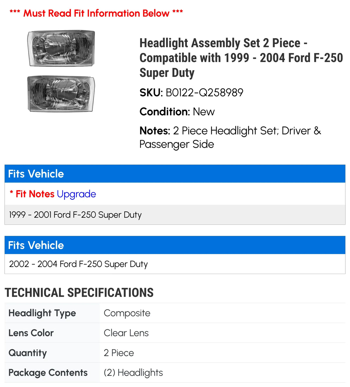 Headlight Assembly Set 2 Piece - appropriate with 1999 - 2004  F-250 Super Duty 2000 2001 2002 2003