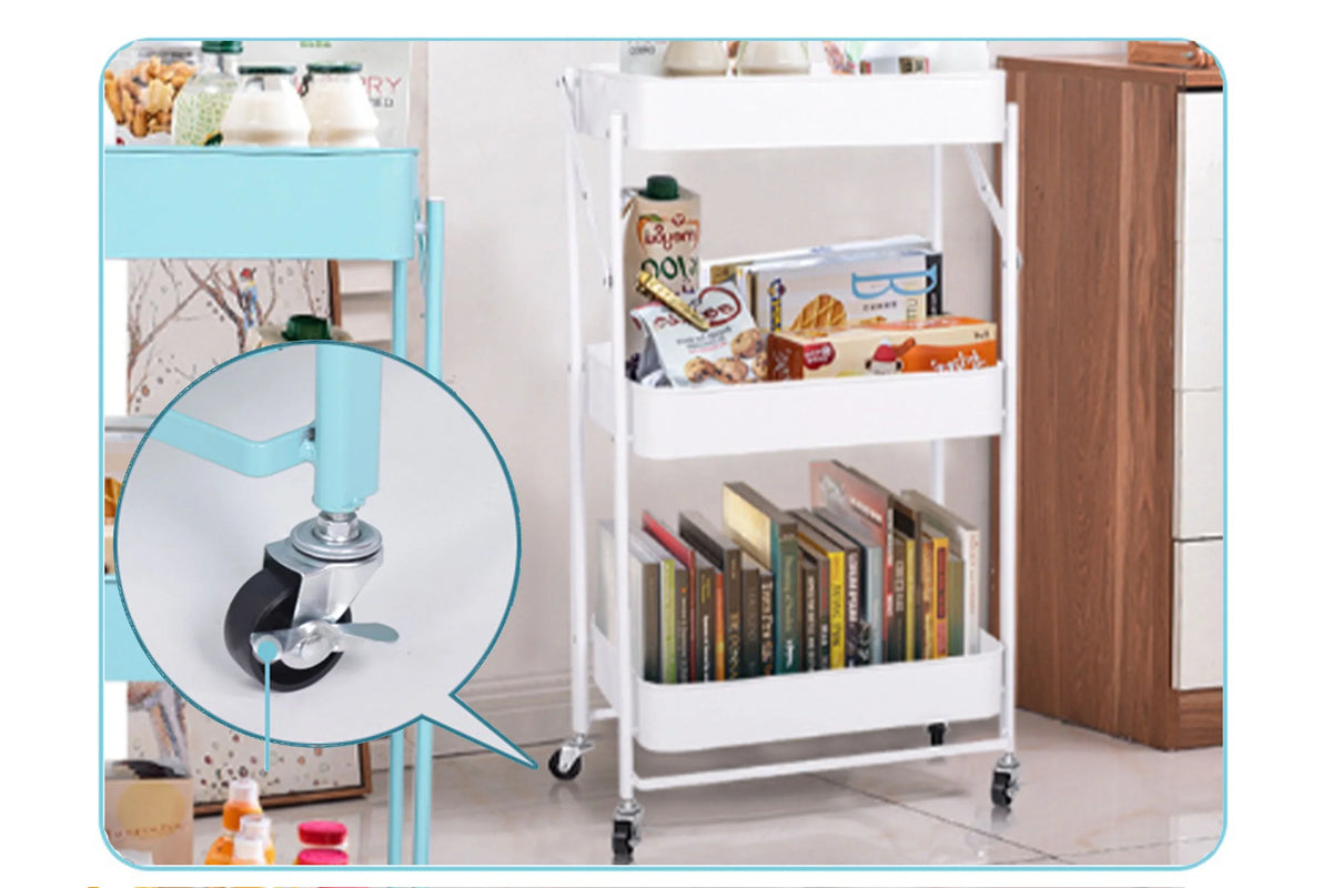Utility Cart 3 Tier Rolling Cart With Wheels, Craft Storage Foldable Metal Utility Rolling Cart Shelves Folding Mobile Multi-Function Storage Organizer Cart for Home Library Office