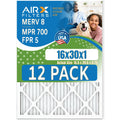 16x30x1 Air Filter MERV 8 Rating, 12 Pack of Furnace Filters Comparable to MPR 700 & FPR 5 - Made in USA by AIRX FILTERS WICKED CLEAN AIR.