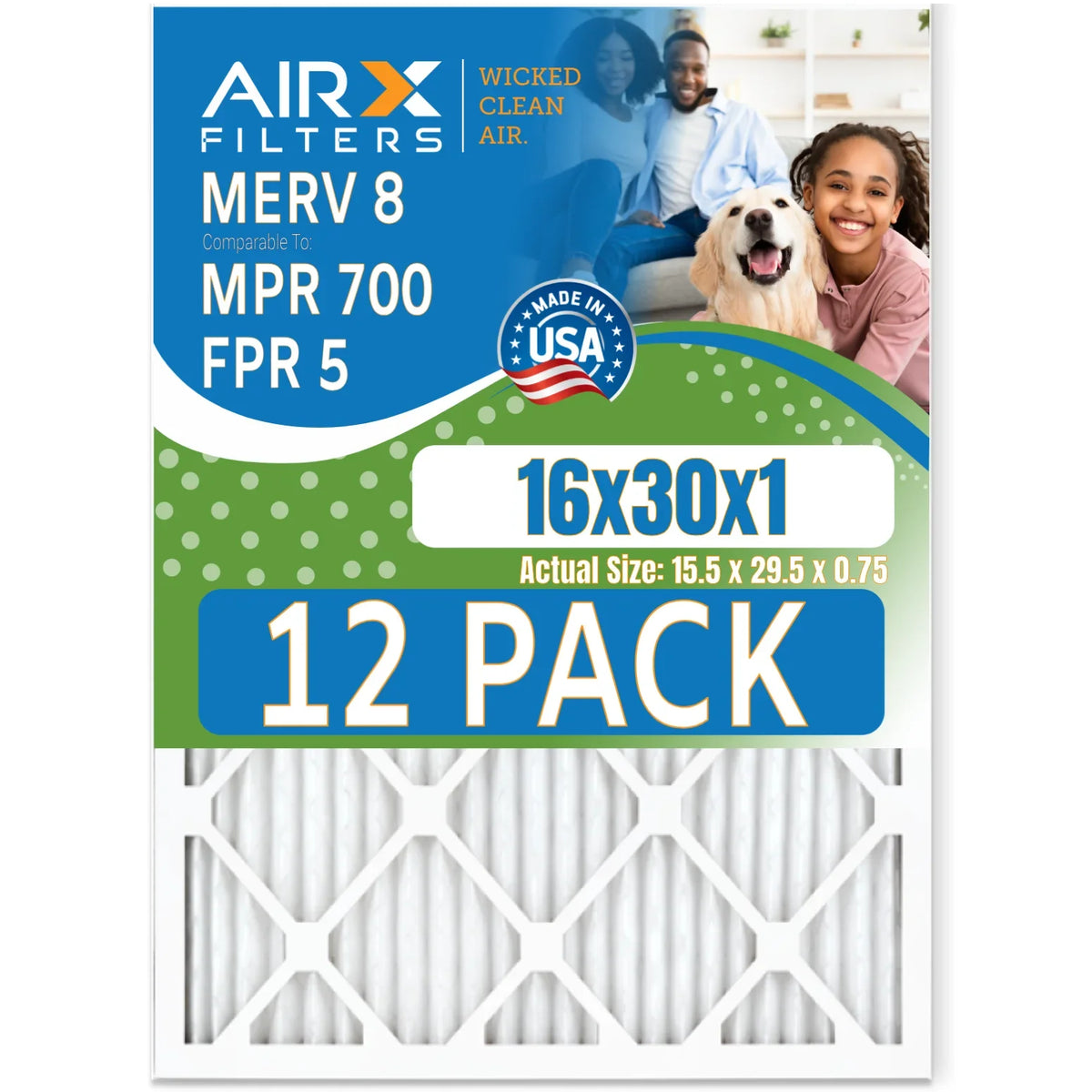 16x30x1 Air Filter MERV 8 Rating, 12 Pack of Furnace Filters Comparable to MPR 700 & FPR 5 - Made in USA by AIRX FILTERS WICKED CLEAN AIR.