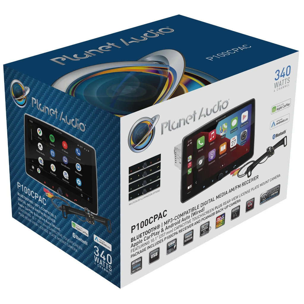 Planet Audio P100CPAC Car Stereo -  CarPlay, Android Auto, Single Din, 10.1 Inch Touchscreen, Bluetooth, No CD DVD Player, AM/FM Radio Receiver, Backup Camera