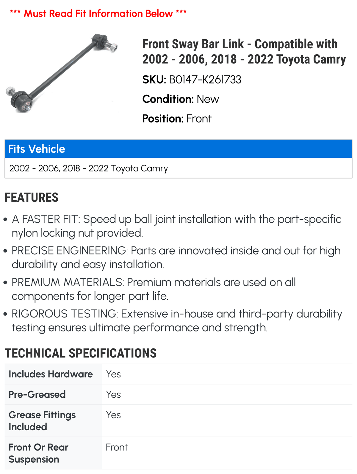 Front Sway Bar Link - matching with 2002 - 2006, 2018 - 2022  Camry 2003 2004 2005 2019 2020 2021
