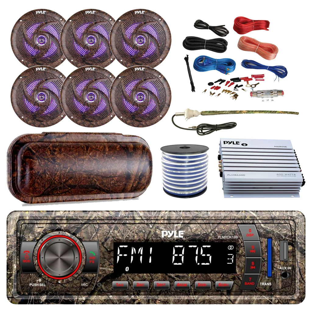 Pyle Marine DIN Bluetooth MP3 USB AUX Camo AM/FM Radio, 6x 6.5" Waterproof Camouflage LED Speakers, Elite Series 4-Channel Amplifier, Stereo wrap, Enrock Antenna, 18-G 50 Ft Wire, Amp Install Kit