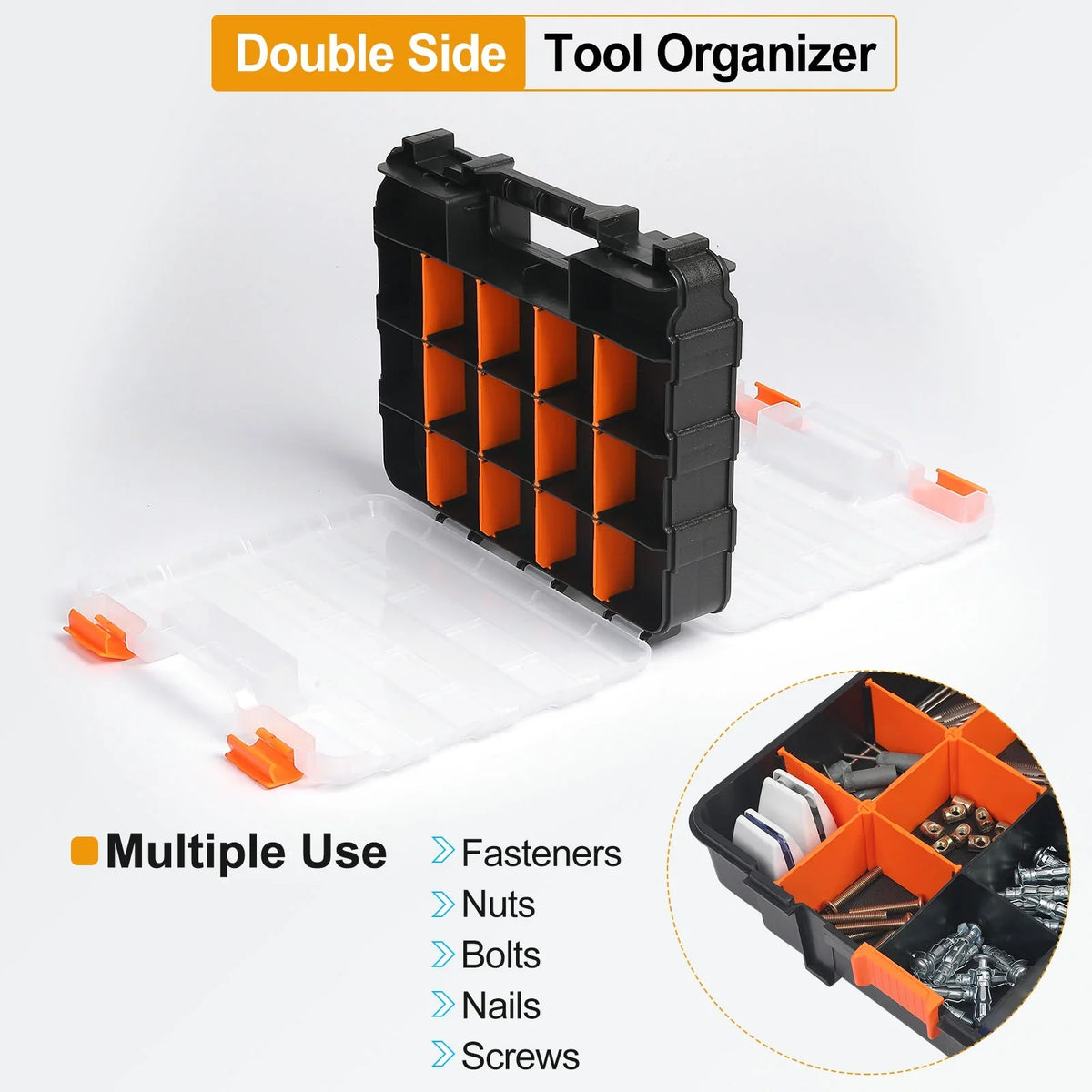 Uxcell 2pcs Double Side Tool Organizer 12.6"x10.6"x3.1" 30-Compartment Hardware Storage Box with Removable Dividers