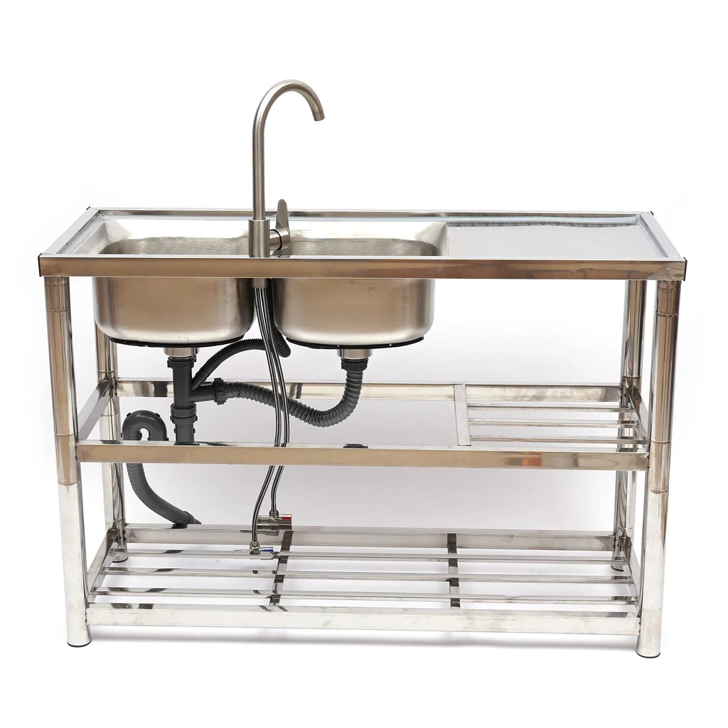Loyalheartdy 2 Compartment Commercial Kitchen Sink Stainless Steel Utility Sink Basin Catering Prep Table+360° Faucet+2 Drainboard