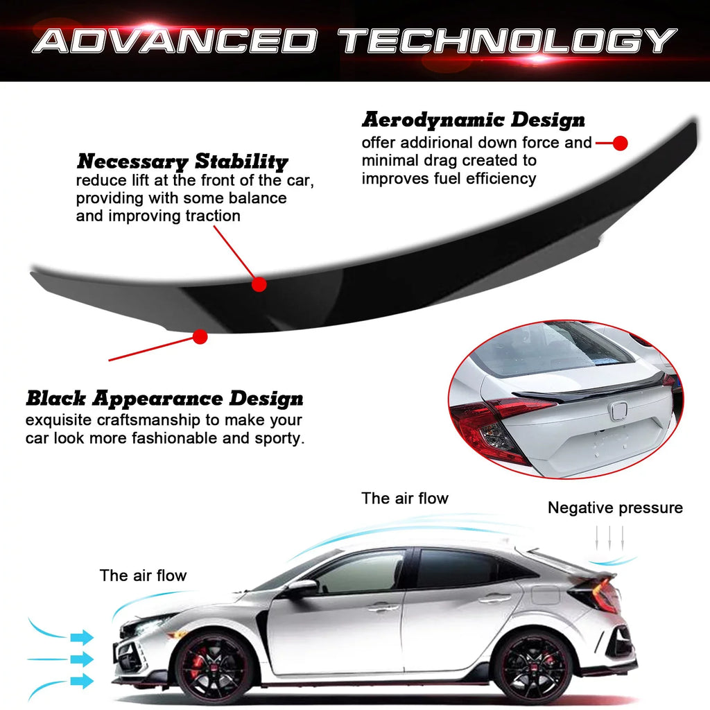 Xotic Tech 4DR JDM Style Glossy Black Rear Trunk Lip Wing Spoiler appropriate with Honda Civic 2016-2021 10th Gen
