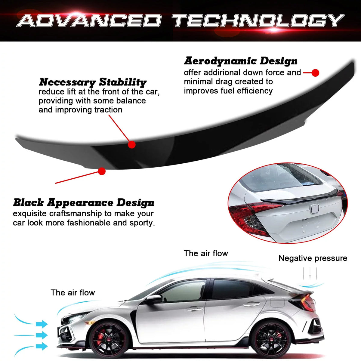 Xotic Tech 4DR JDM Style Glossy Black Rear Trunk Lip Wing Spoiler appropriate with Honda Civic 2016-2021 10th Gen
